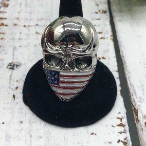 Stainless steel skull/American flag biker ring